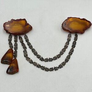 Vintage‎ Natural Baltic Honey Amber Double Brooch Chatelaine Sweater Clip Guard